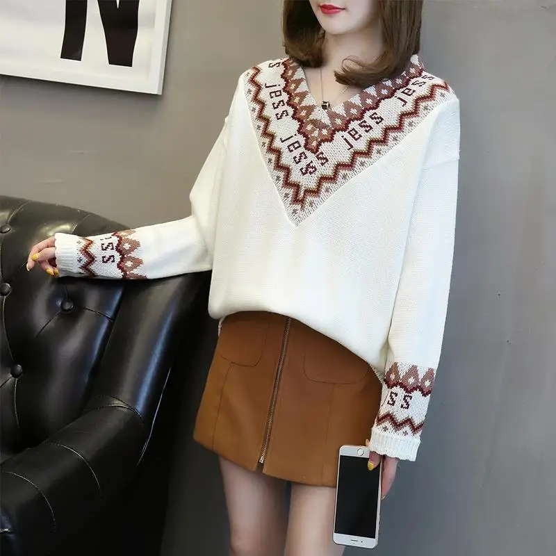 Elegant Fashion Spliced Long Sleeve Knitted Pullovers Women\'s Clothing Autumn Winter Casual Korean V-Neck Sweaters for Female