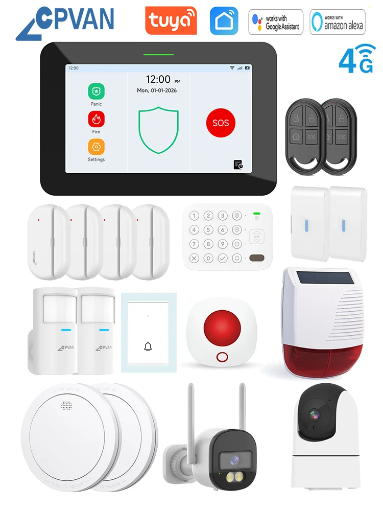 CPVAN New model Home Alarm System 7 inch screen Wireless WiFi 4G Tuya Smart House burglar Security Protection Alarm system kit