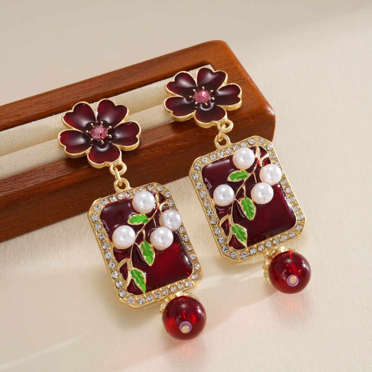 Drop oil set diamond glass pearl flower silver needle earrings sweet light luxury senior sense earrings