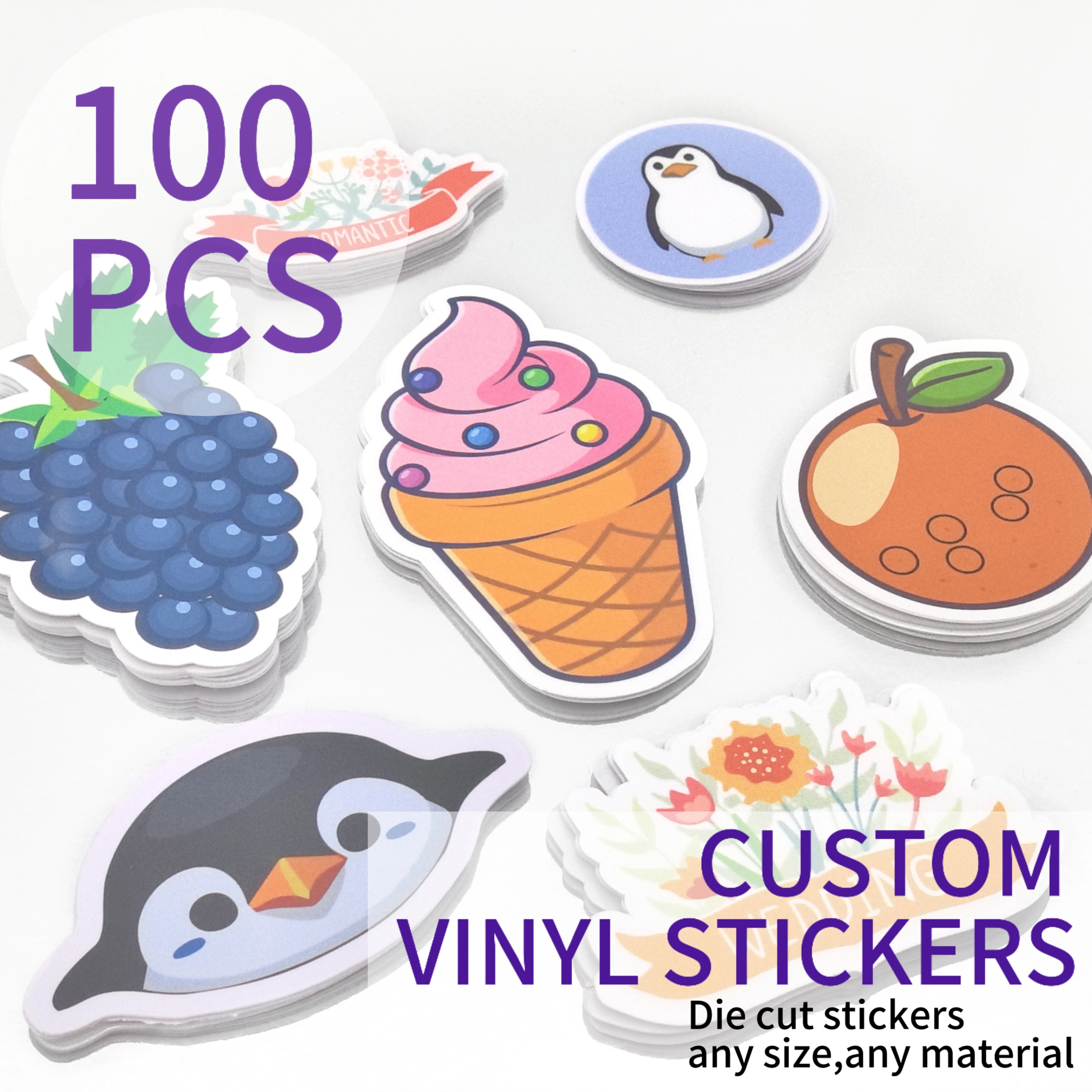100pcs Custom Stickers PVC Waterproof Die Cut Vinyl Personalized Logo Design Cute Sticker Laptop Birthday Party Wedding
