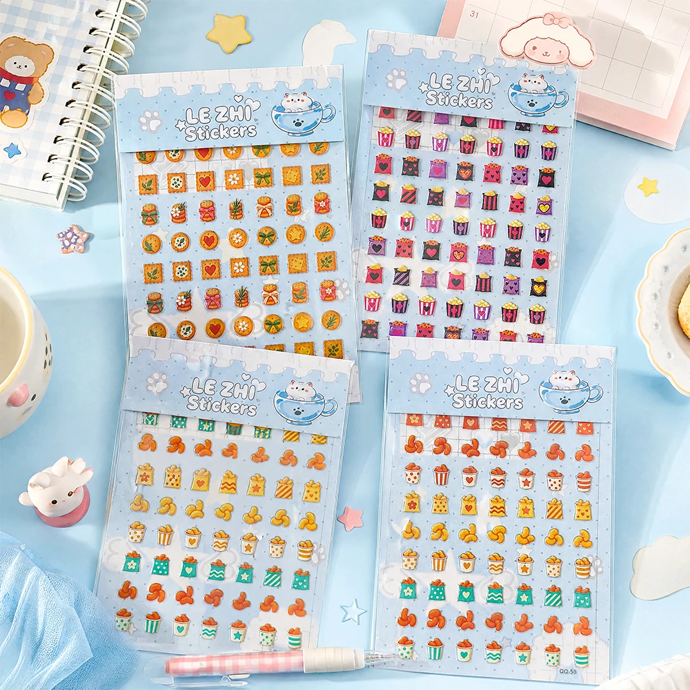 LEZHI Kawaii Mini Snack Stickers Sheet Cute Popcorn Pretzel Candy Decals For Journal Planner Scrapbooking Diary Decoration Gift