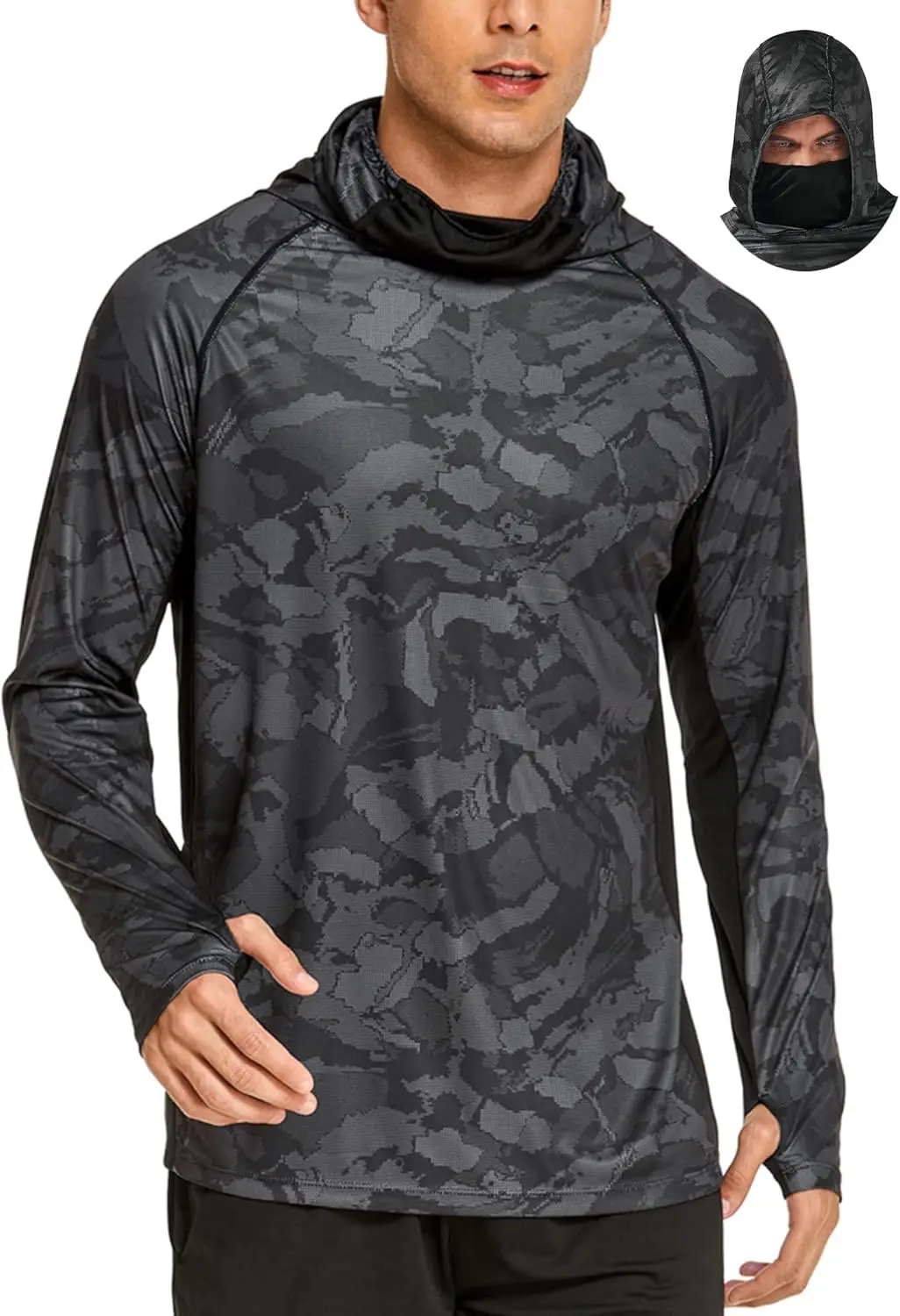 Men's Hooded Sun Shirts with Mask Fishing Shirts for Men Long Sleeve UPF 50 Rash Guards Cooling Hoodies Hiking Shirts