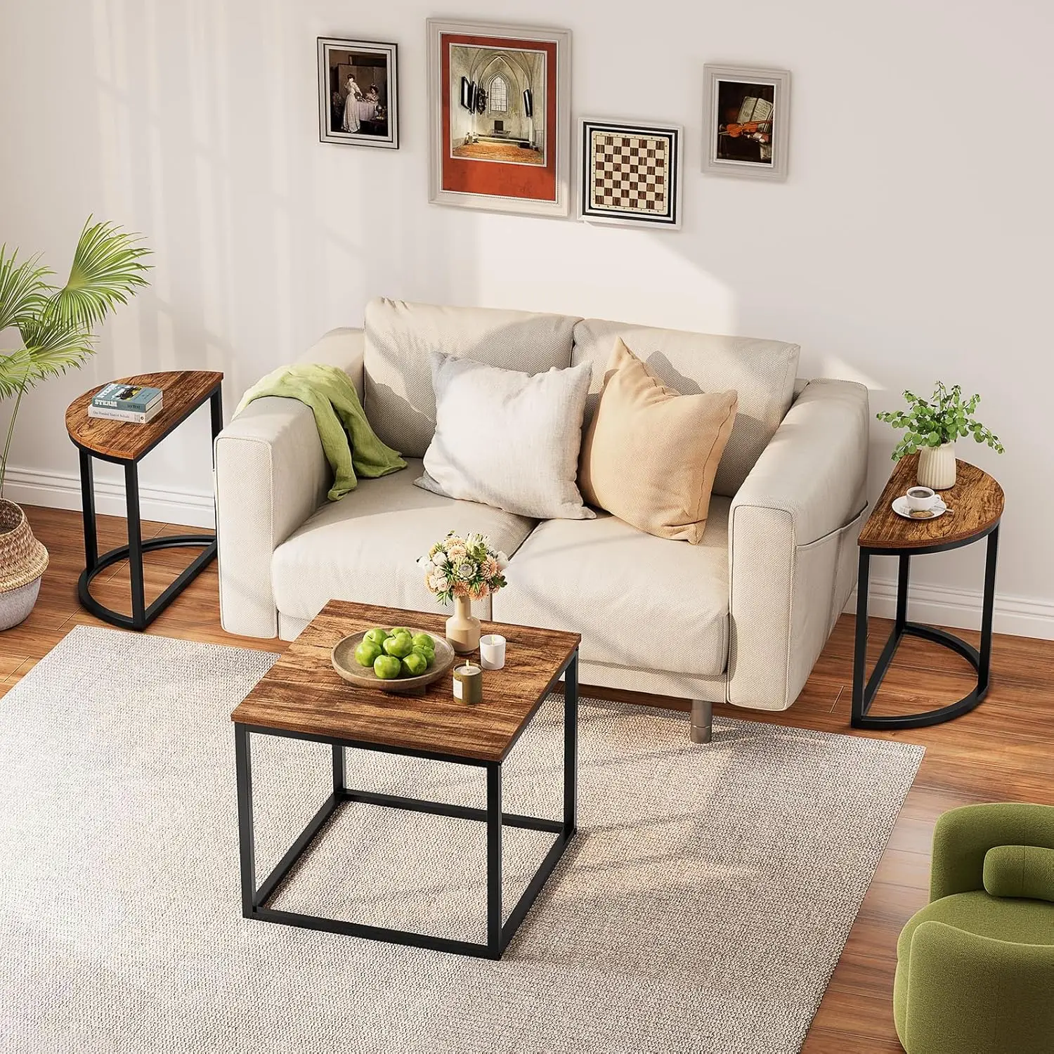 Coffee Table Oval 3pcs Set, Modern Living Room Table with 2 End Tables, Small Center Table with Metal Frame for Home Apartment