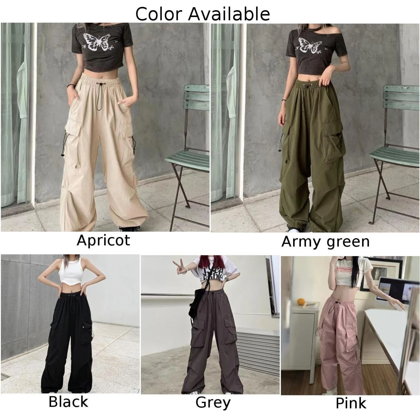 Fashion Y2k Women\'s Cargo Pants Streetwear Vintage Pockets Elastic Waist Baggy Drawstring Wide Leg Pants Trousers Clothing