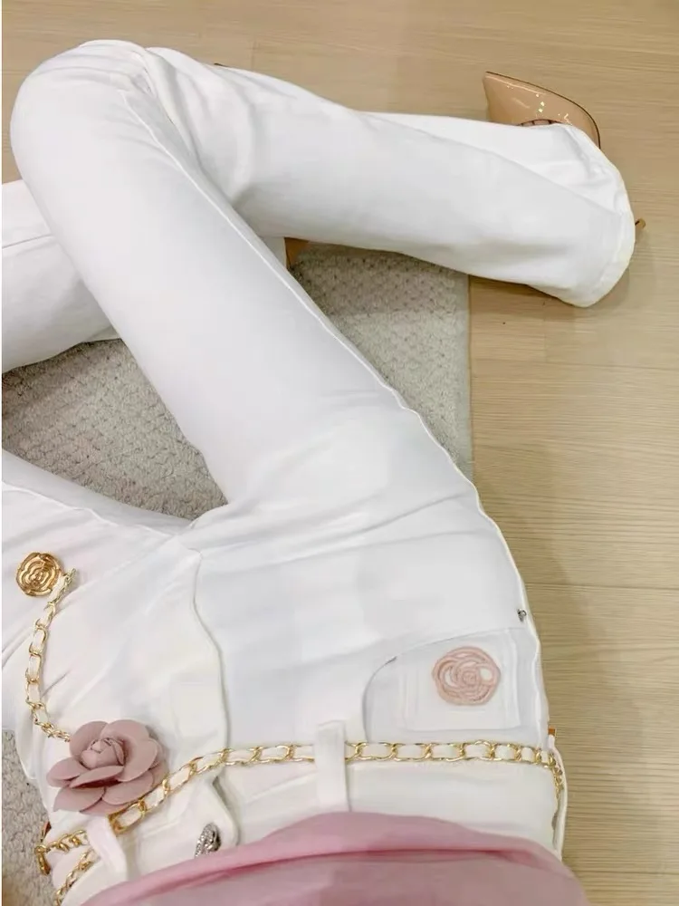 Y2K الجينز الأبيض النساء عالية الخصر سليم صالح مستقيم الساق طفيف مضيئة أزياء الخريف القصيرة #1