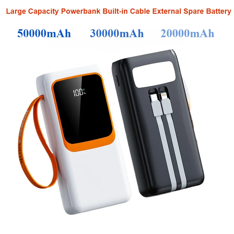 

Large Capacity Powerbank Built-in Cable External Spare Battery For iPhone Powerful 50000mAh Power Bank Fast Charging 30000mAh