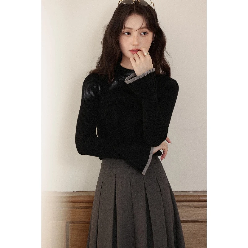 

ALXNAN Plus Size Black Pullovers Ruffled Paneled Color-blocking Woman's Knitwear Slim-fit Minimalist Casual Female Tops D58326