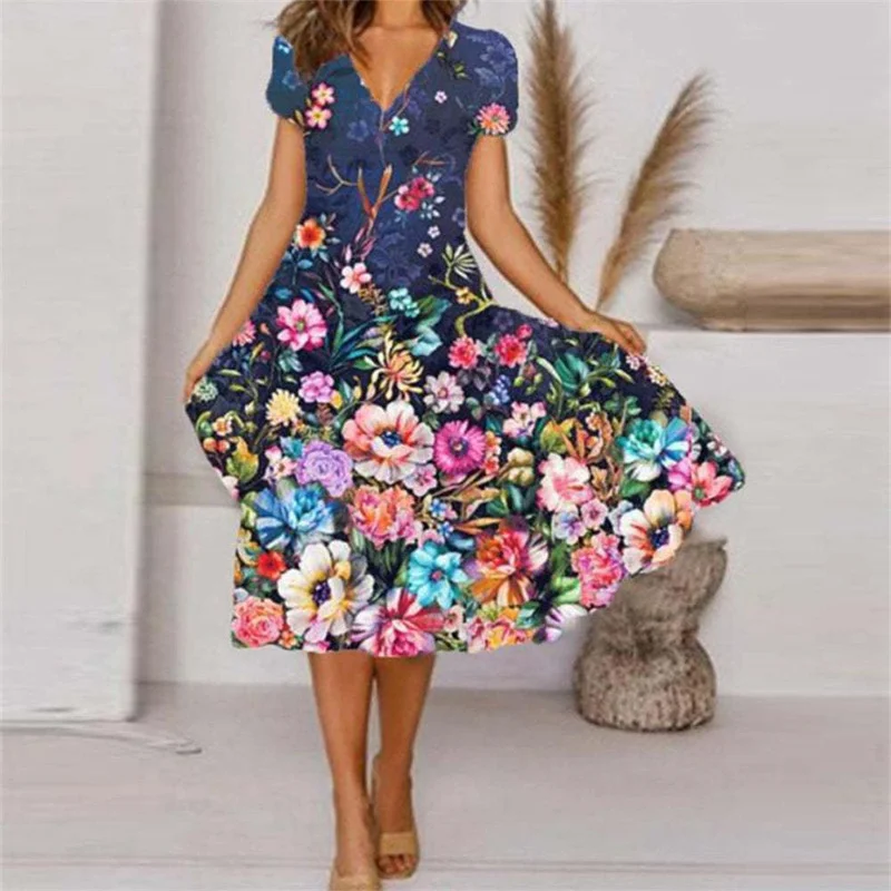 Fashion Flower Print V Neck Short Sleeve Dress Trend Streetwear Ladies Summer Vacation Casual Commuter Dressy Women Big Hem Gown