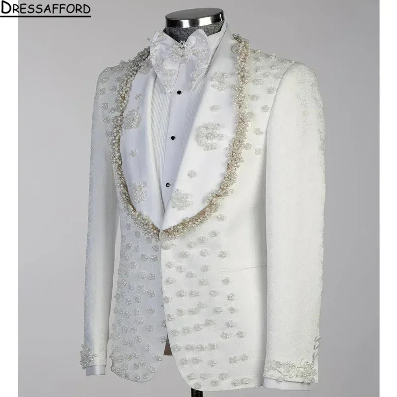 

White Jacquard Men's Suits Fashion 2 Pieces Sets Groom Prom Blazers Pearls Beaded Decoration Tuxedos Men