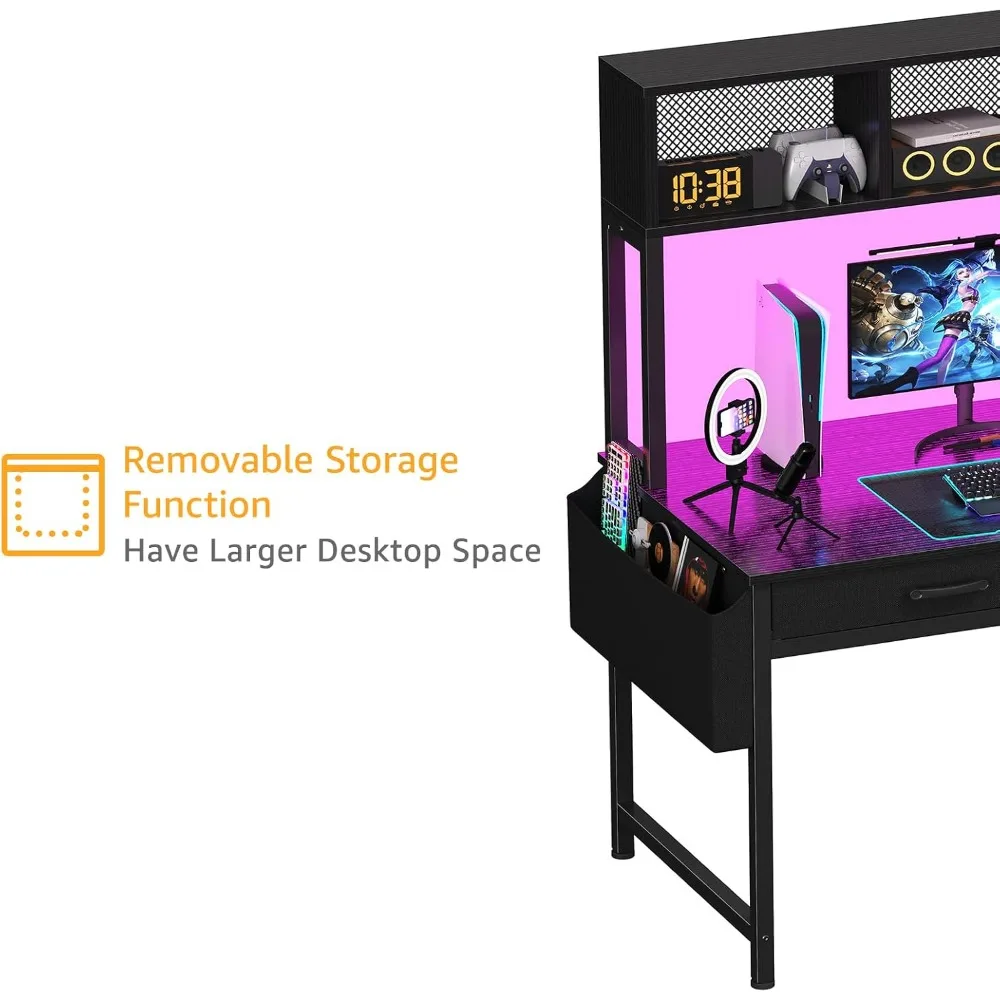 مكتب ألعاب أسود مع مساحة تخزين، وخزانة، وأرفف، وإضاءة LED، ومنافذ طاقة #6