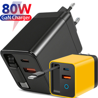 Portable 3 in 1 GaN Charger 80W MAX Fast Charger with Retractable Data Cable for iPhone 17 Airpods Macbook Phone Tablet Charger