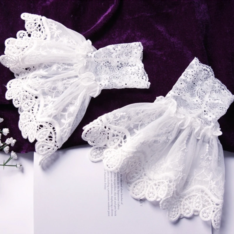 Female Sweater Fake Sleeves Hollow Out Crochet Floral Lace Horn Cuffs Embroidery Flounces Ruffles Elastic Wrist Warmers