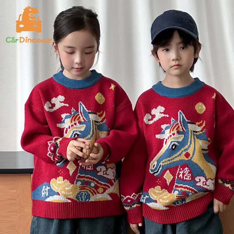 1-12 Years Sibling Girl Boy S-XXL Adults Mom Dad Daughter Son Family Matching Outfits Red Horse Zodiac Chinese New Year Sweater