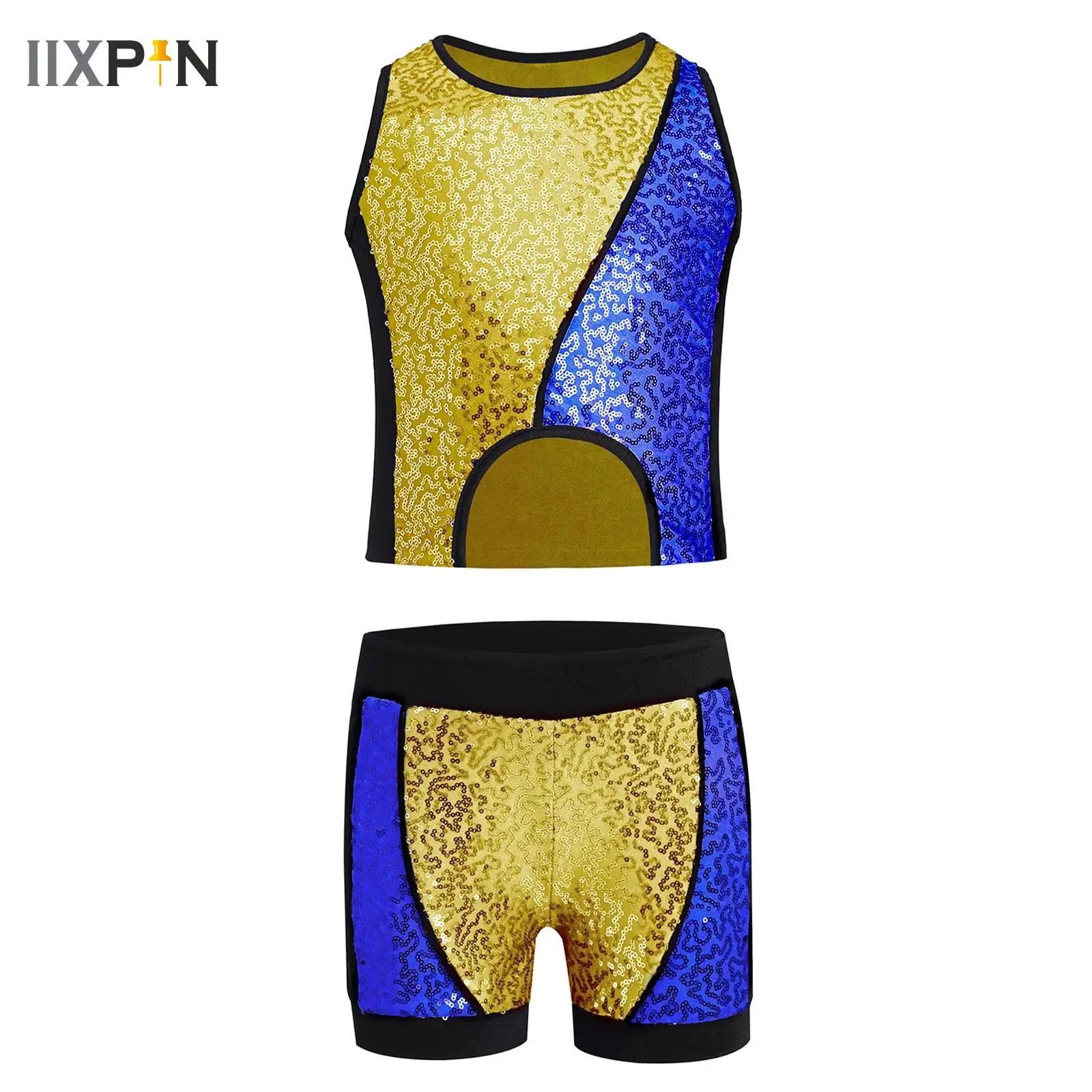 

Girls Jazz Dance Costumes Kids Sparkly Sequins Color Block Patchwork Crop Top with Shorts Set Street Modern Latin Jazz Dancewear