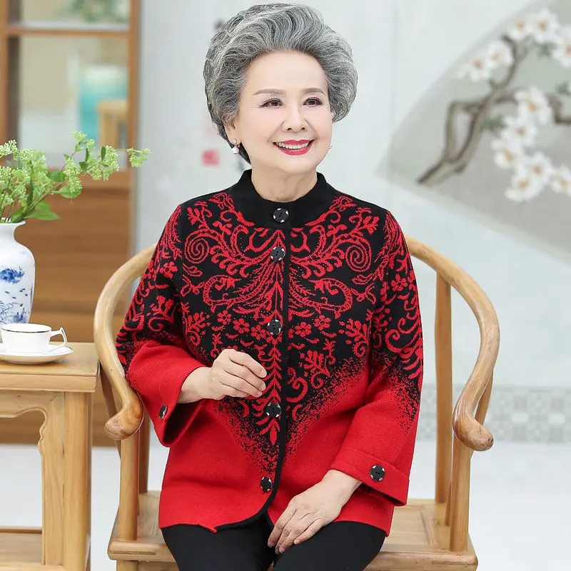 Mom's Coat Sweater Women's Cardigan Grandmother's Knitted Sweater Elderly's Clothes Top