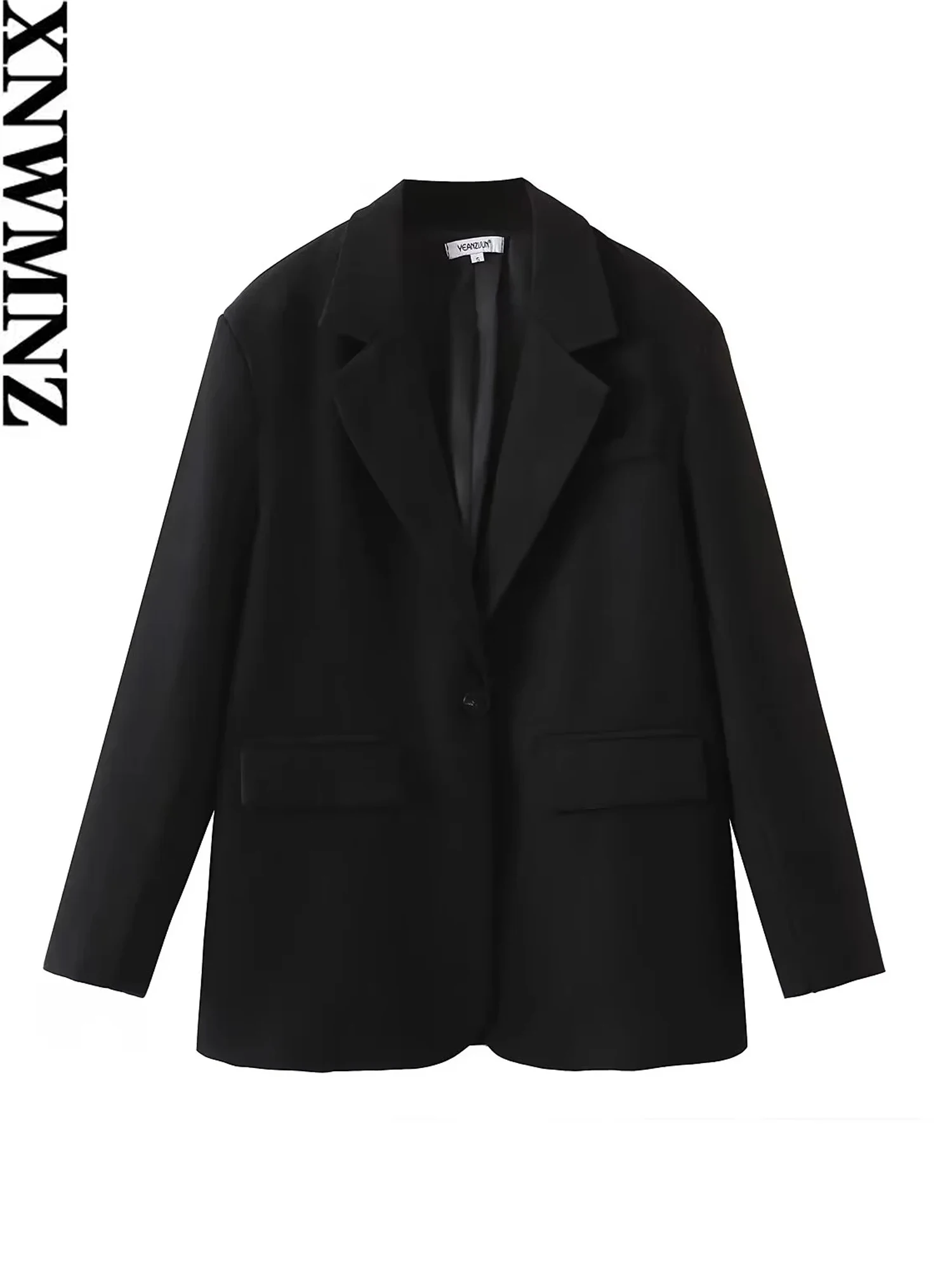 XNWMNZ women\'s fashion classic boyfriend style black suit jacket women casual loose pocket long sleeve single button Blazer