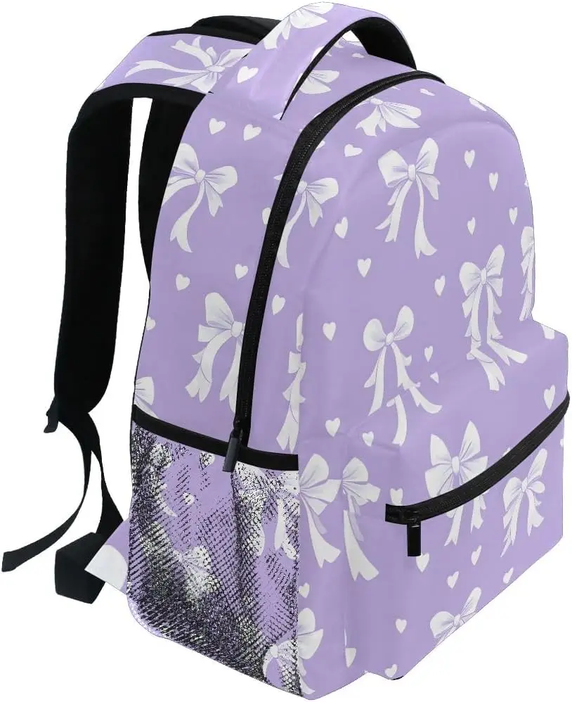 Basic Backpack White Bow Heart Purple Background Pattern Backpack for School and Travel Casual Daypack for Outdoor Camping