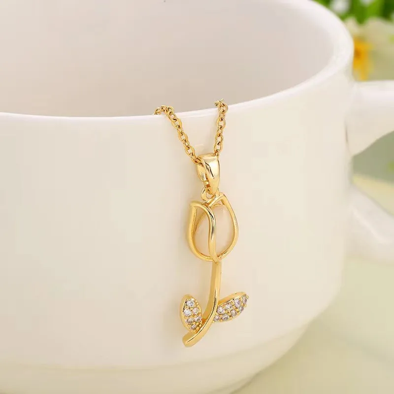 Elegant Crystal Flower Tulip Women Necklace Jewelry Pendant Chain Choker Korean Party Wedding Office Statement Gift Accessories