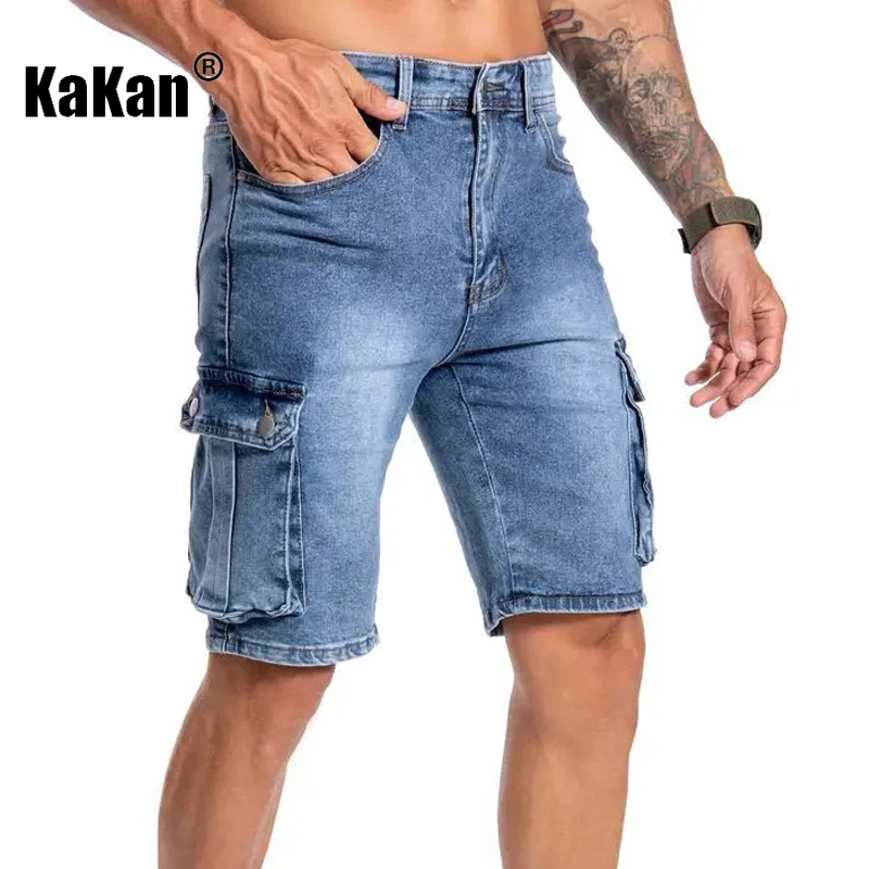 

Kakan-y2k Новые мужские летние короткие джинсы, джинсы с несколькими карманами и микроэластичной резинкой, мужские повседневные джинсы 5-Division
