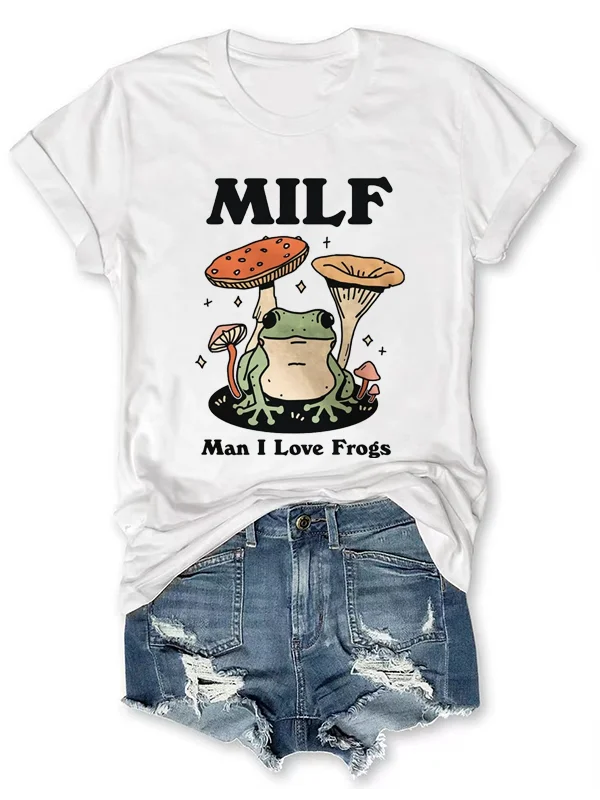 

Milf Man I Love Frogs Slogan Women T-shirt Vintage Fashion Mushroom Frog Print Female Shirt 2024 Fallow Outdoors Farm Girl Tee