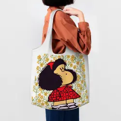 Custom Mafalda And Flowers Shopping Bag  Shoulder Canvas Tote Bag Portable Argentina Manga Quino Groceries Shopper  Handbags