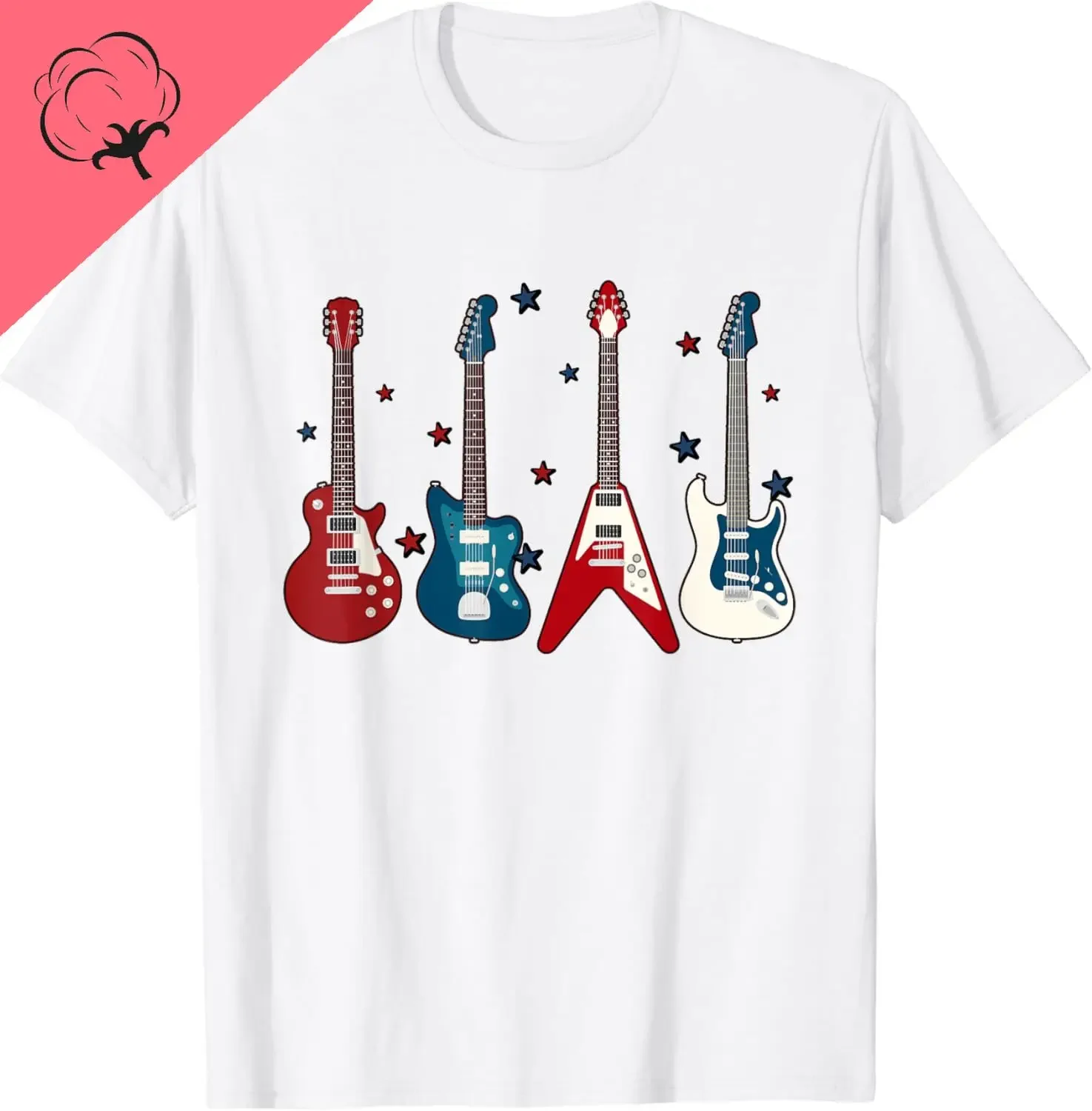 

Patriotic Guitars Rock Music Graphic Tee Men USA Independence Day Cotton T-Shirt