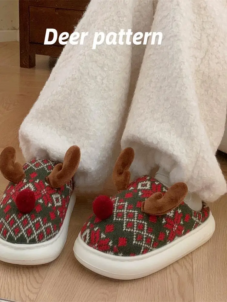 Zapatillas de casa cálidas y a la moda para mujer, suela suave, Reno de Navidad, invierno, interior, hogar, dibujos animados, algodón