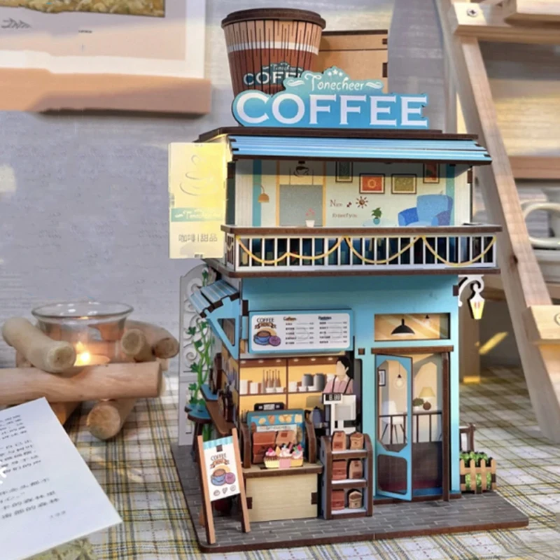 

DIY Wooden Doll House City Street View Mini Coffee Shop Model Dollhouses Assembly Toys for Children Christmas Gift Casa