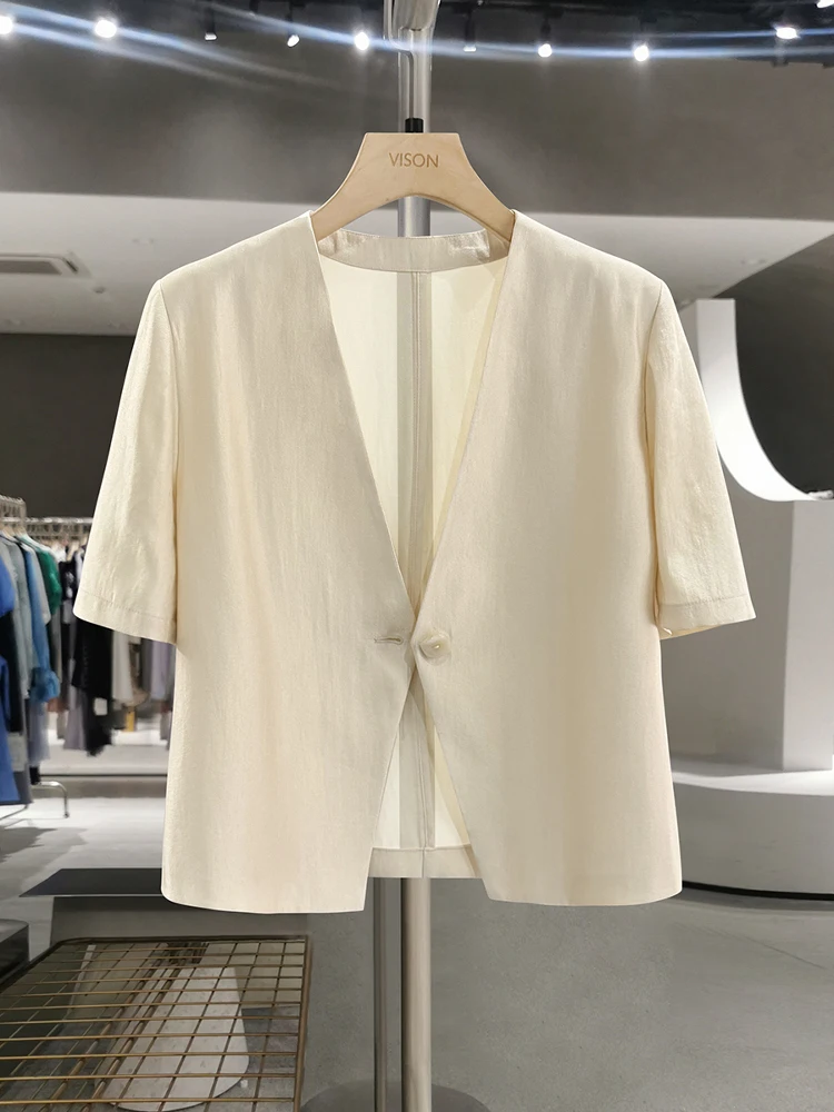 

Milk Lightweight Luxury Small Fragrance Style V-neck Thin Outerwear Women's New 2026 Summer Acetate Glossy Short Top
