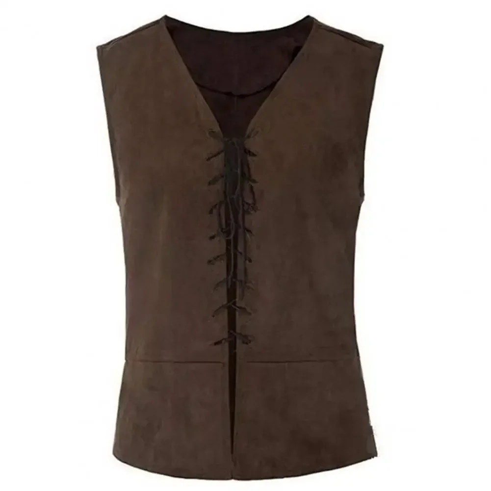 Men Pirate Vest Medieval Lace Up Sleeveless Cosplay Performance Hallowen Party Role Play Tank Top