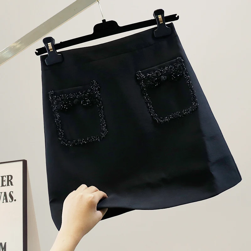 

Heavy Embellished Cute A-Line Short Skirt Fashion Design Slimming High Waist Half Body Skirt Trendy Double Pocket Decoration