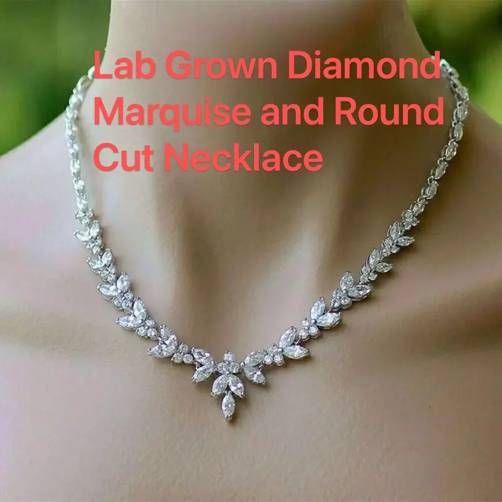 Beautiful 8CTW Marquise Cut & Round Cut CVD HPHT Lab Grown Diamond DEF VS Woman's Necklace 14K White Gold