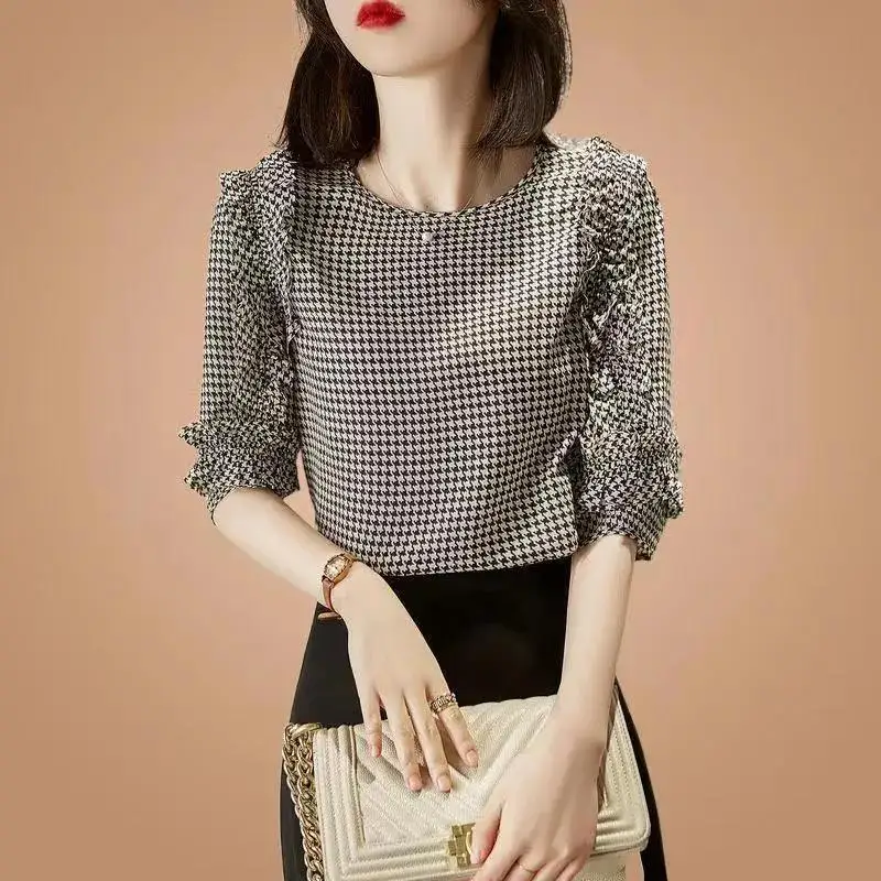 Fashion Printed Houndstooth Spliced Ruffles Oversized Shirt Summer New Casual Pullovers Loose Commute Women\'s Clothing Blouse