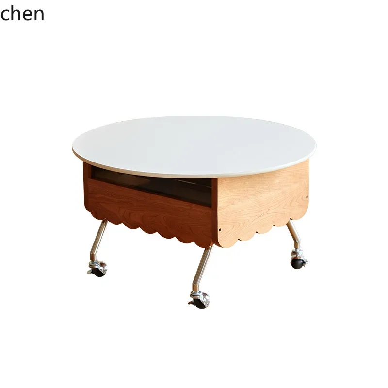 H5.26 solid wood rock slab lifting coffee  tea table multi-functional sofa edge table mobile round