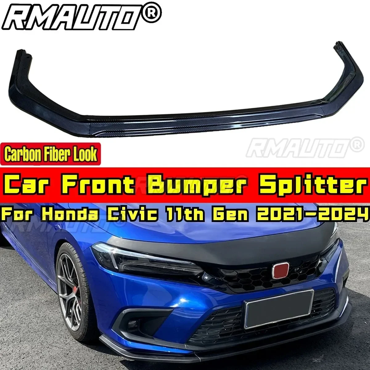 

For Honda Civic 11th Gen 2021-2024 Body Kit Front Bumper Lip Carbon Fiber Look RS Style Bumper Guard Cover Car Accessories