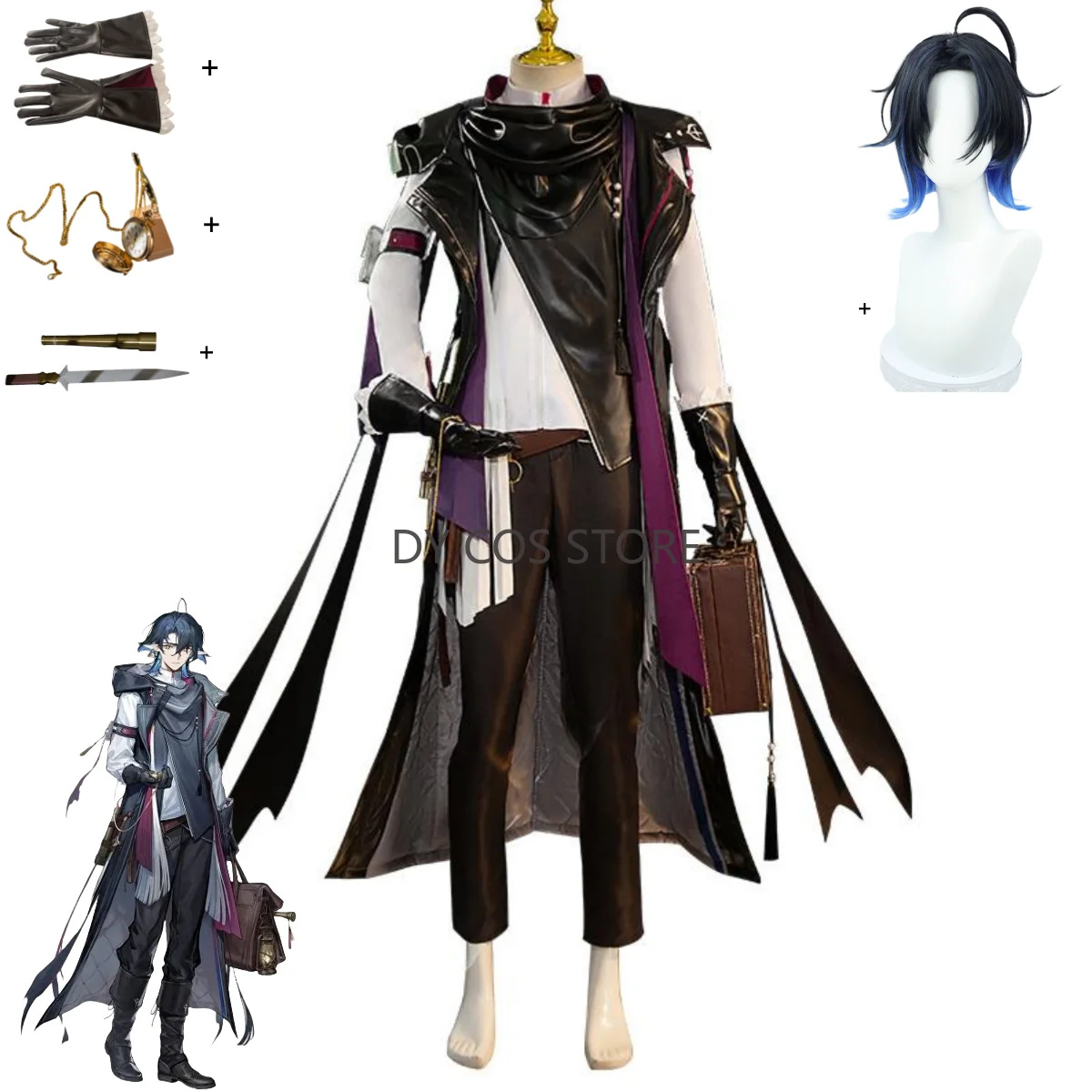 Juego de Anime Arknights Lumen Tribunal disfraz de Cosplay negro PU chaleco abrigo uniforme conjunto completo peluca hombre Halloween traje de Carnaval
