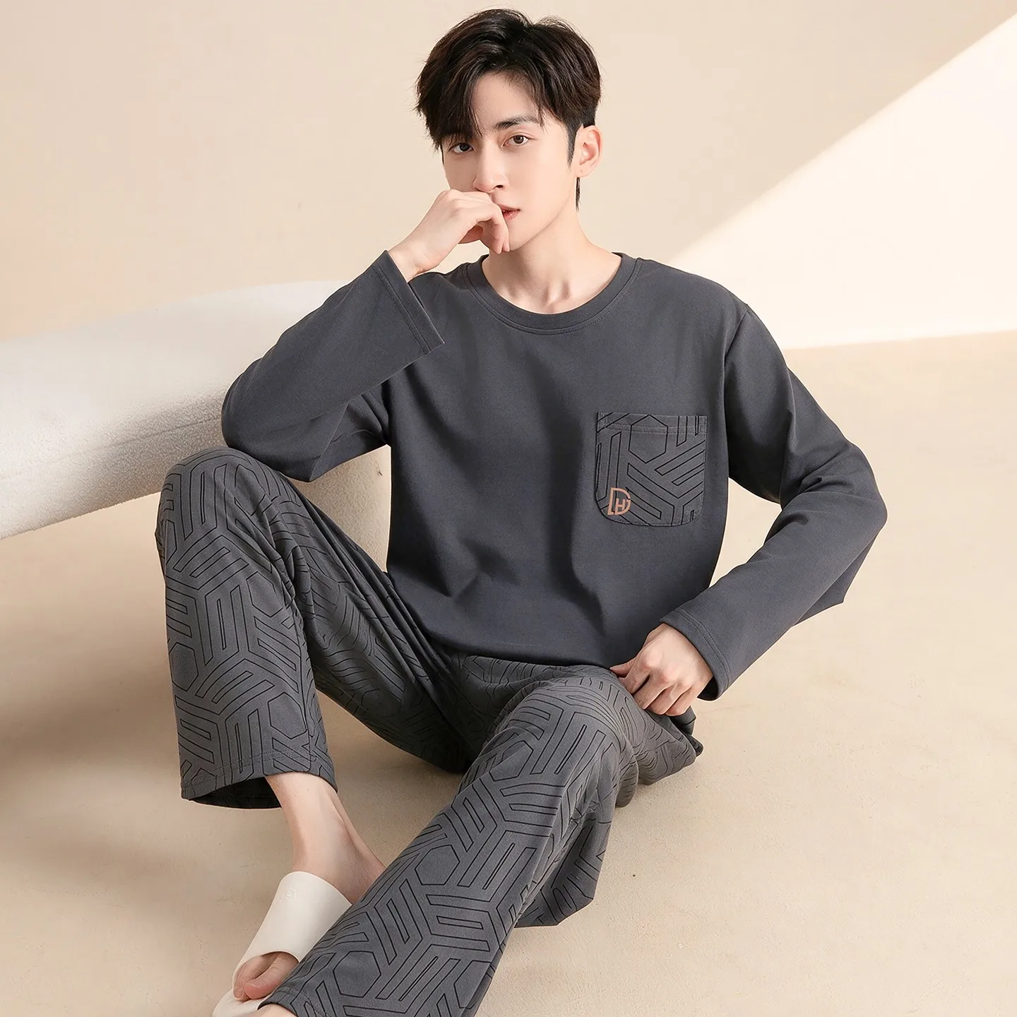 Men's cotton long sleeved Spring Autumn plus size men's sleepwear teenage Casual home suit set Plaid Nightwear Pijamas Hombre
