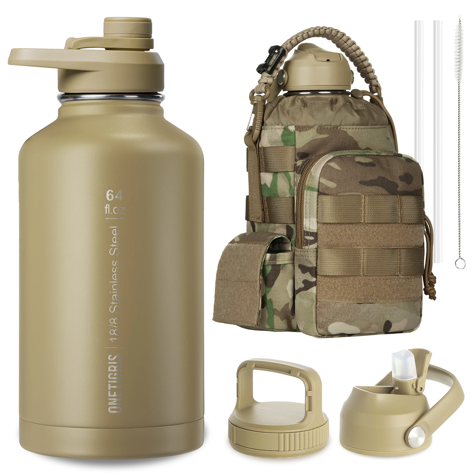 

ONETIGRIS 64oz/1.9L Double-Walled Stainless Steel Insulated Water Bottle Set with Tactical Kettle-Cloth Bag- MOLLE Outdoor Sport