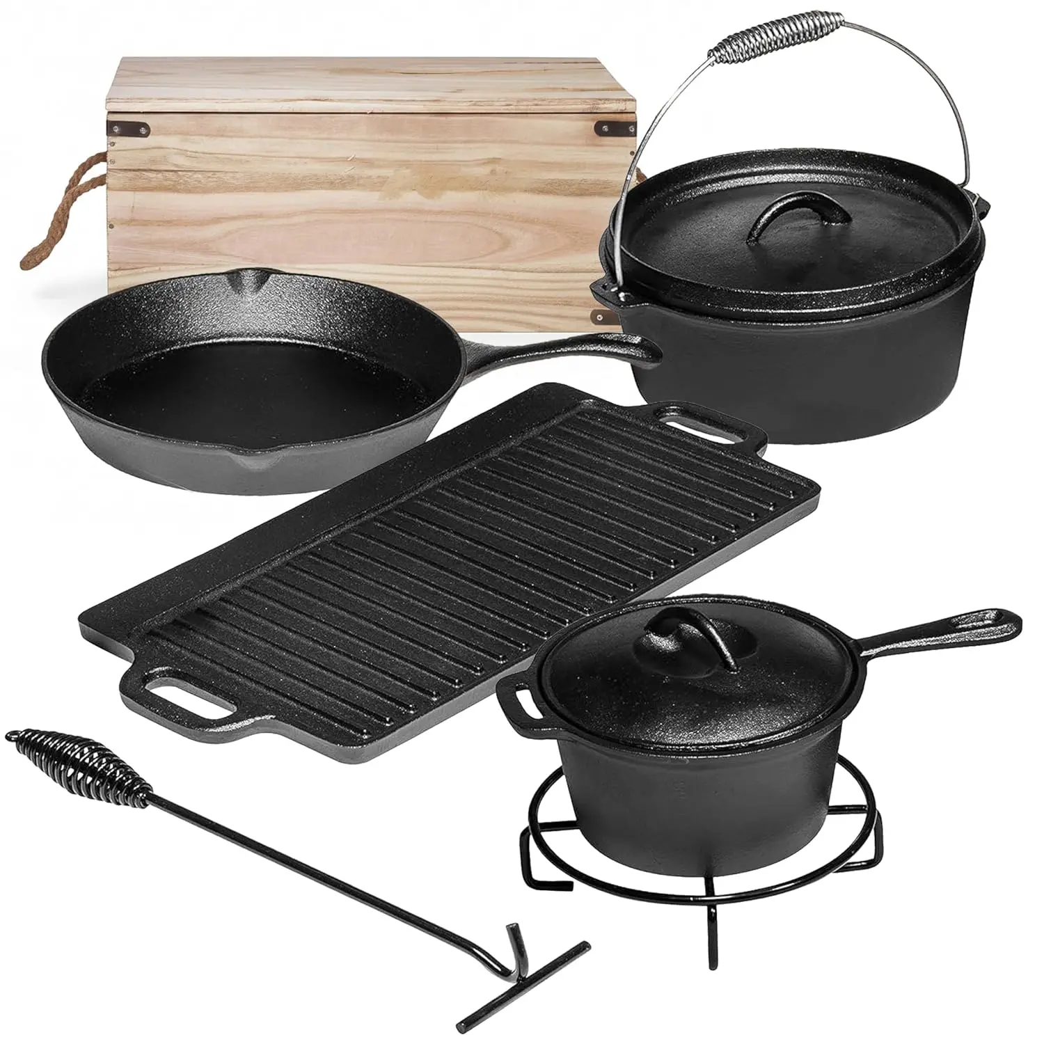 Camping Cooking Set Of 7. Pre Seasoned Cast Iron Pots And Pans Dutch Oven With Lids For Outdoor Comefire. Grill Cookware