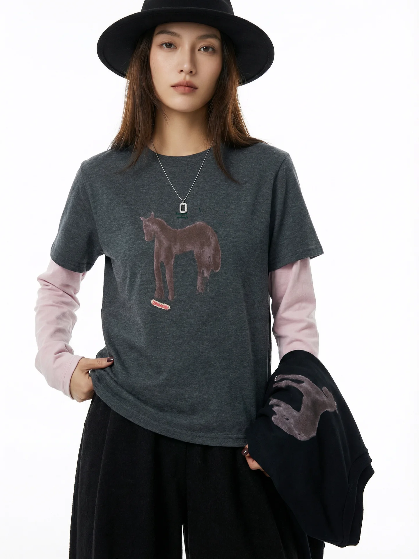 

Свободная удобная женская футболка с длинным рукавом и круглым вырезом, розовая, в стиле пэчворк, с креативным узором, для повседневной носки