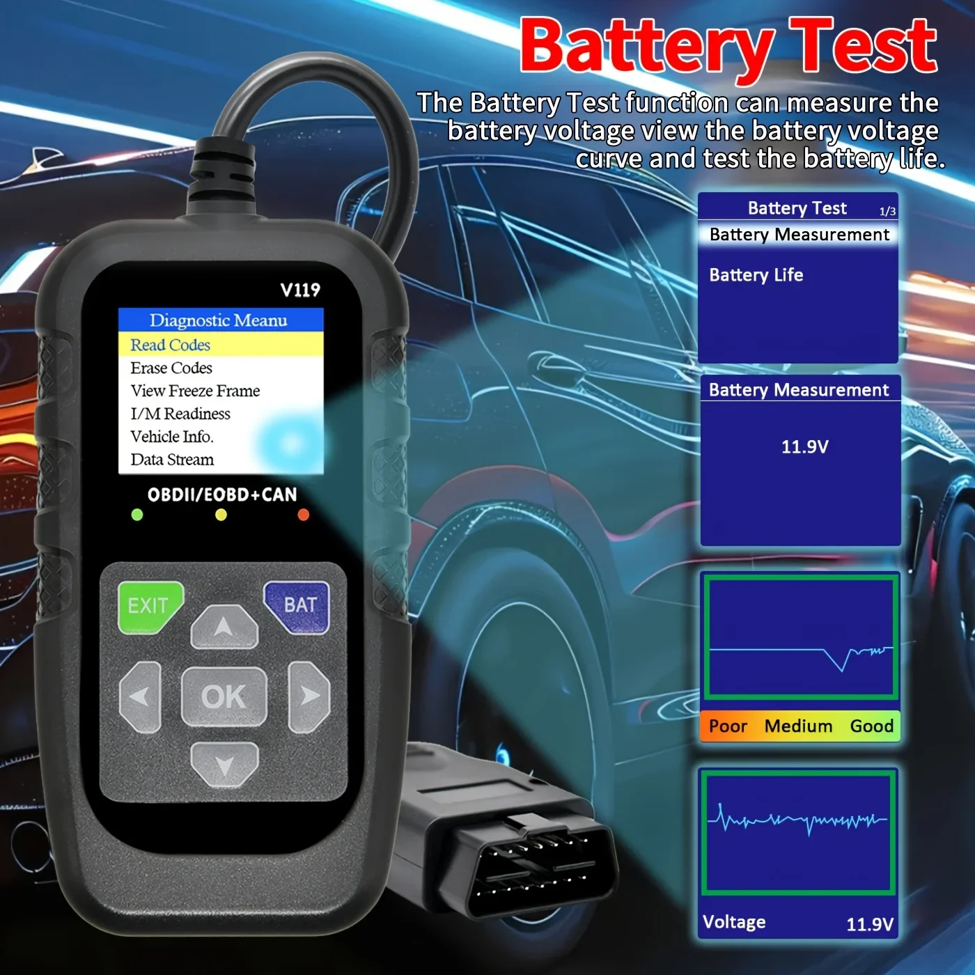 V119 Professional Obdii Scanner, Car Diagnostic Code Reader, Engine Fault Detector Tool, Read & Clear Fault Codes