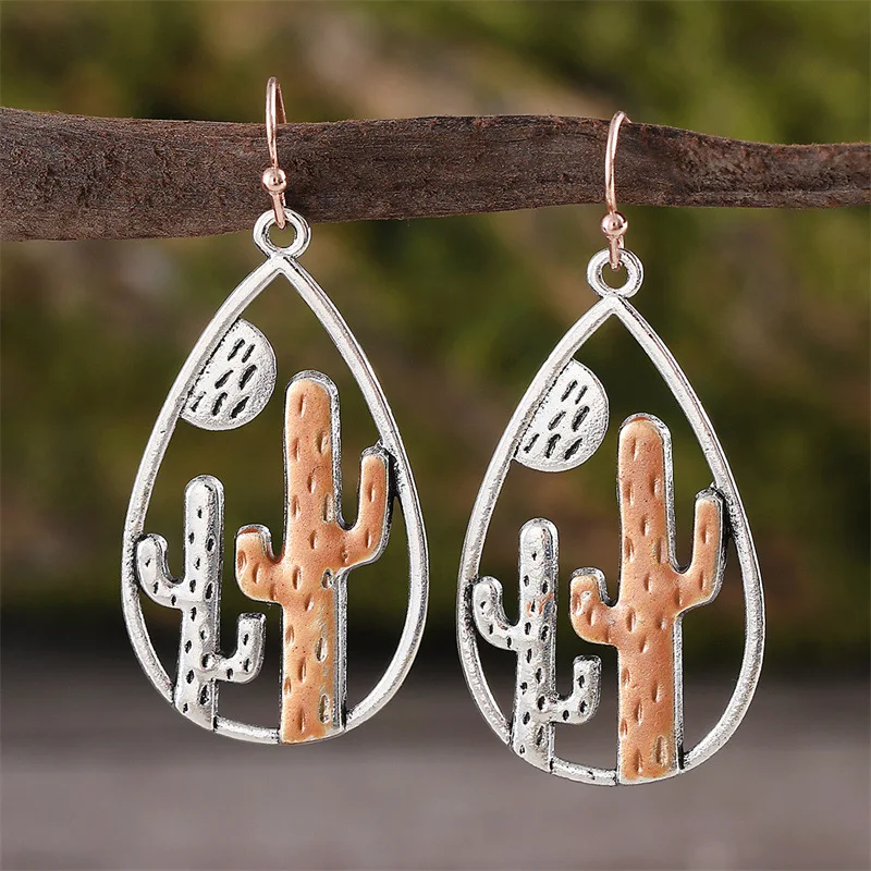 DIY accessories Cross-border new two-color desert cactus pendant earrings, retro western style plant hollow water drop earrings
