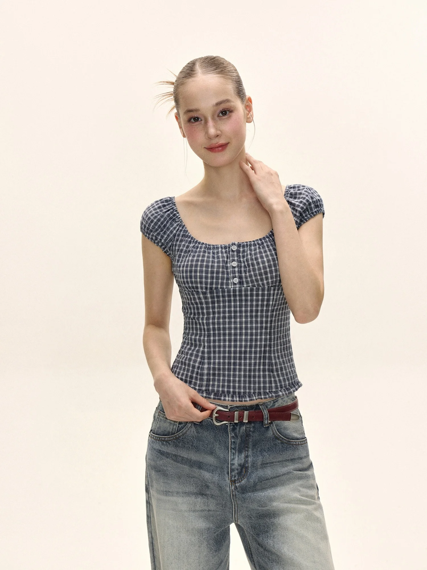 Slim Fit Short Sleeve T-Shirt Women's Summer American Bubble Sleeve Waist Cinching Design Checkered U Neck Top Korean Style