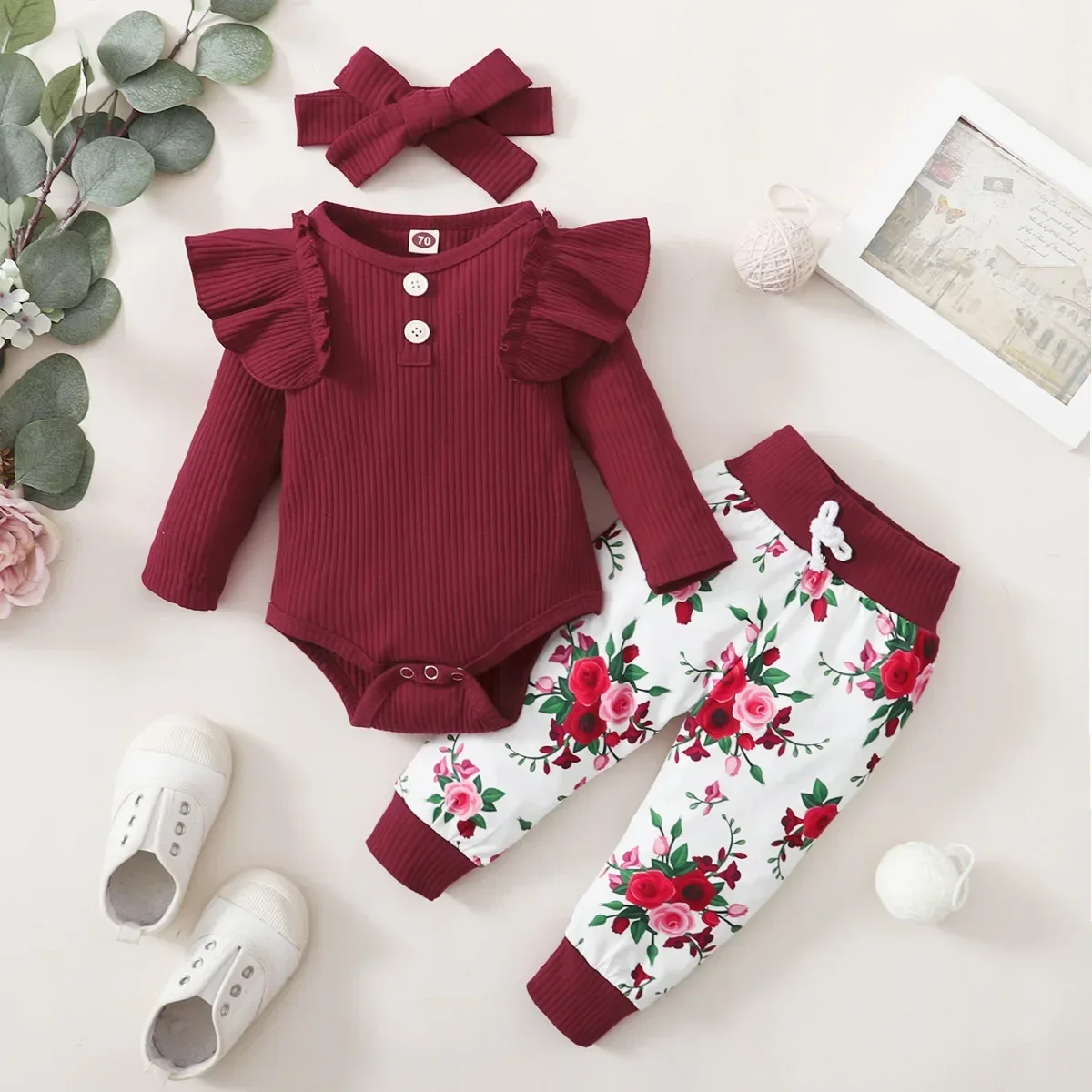 3Pcs Newborn Girl Clothes Ruffle Button Romper + Floral Print Pants Baby Girl Clothes Set Infant Kids Clothing Fall Baby Outfits