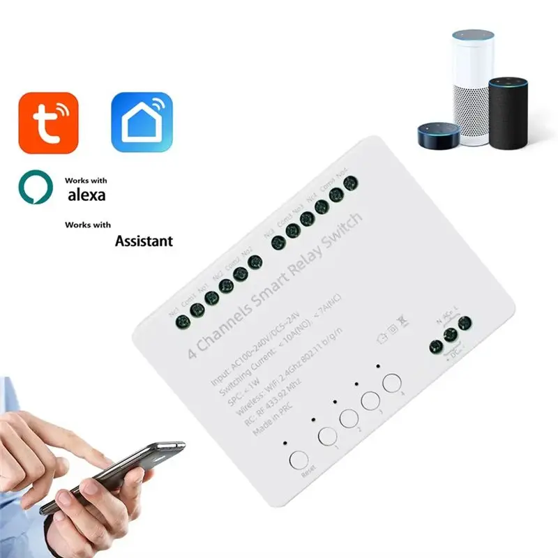 B50B Tuya WiFi 4 Channels Smart Switch Module - AC 100-240V DC 5-24V, 10A Relay, Works with Alexa for Google Home, Remote