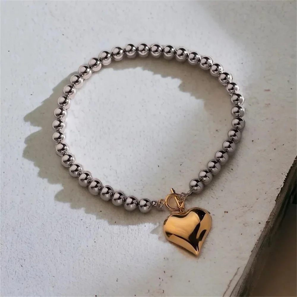 Vintage Punk Hip-Hop Silver Plated Metal Bead Thick Chain Necklace For Women Female Fashion Heart-shaped Pendant Jewelry Gift