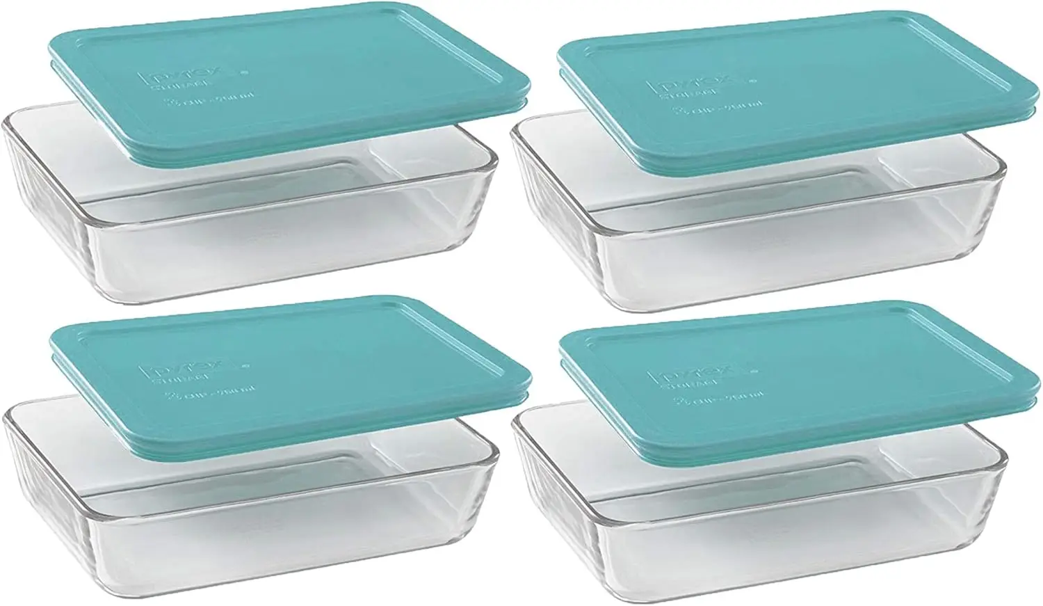 

Clear Glass Food Storage Dishes Set, 4 Oblong Containers with Turquoise Lids, Made in USA