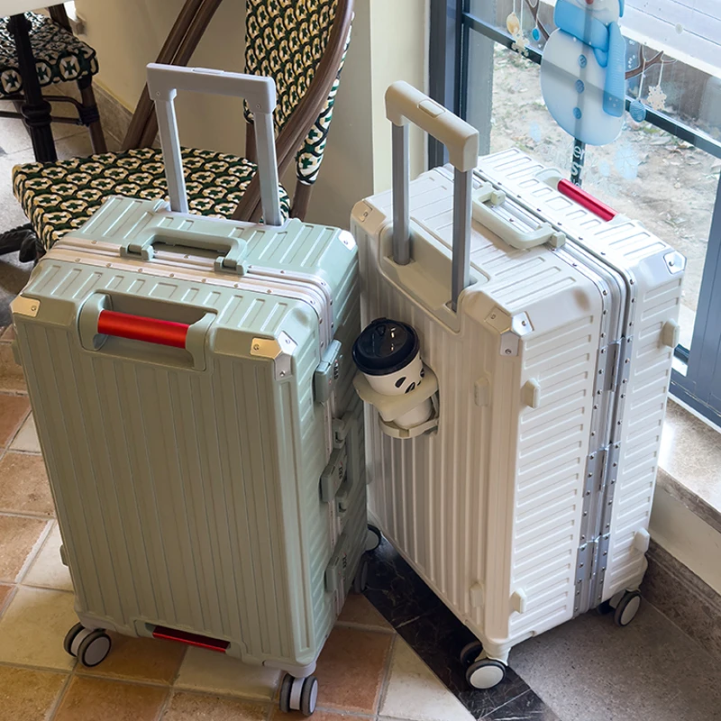 

Высококачественный чемодан с алюминиевой рамой, 22/24/26/28 дюймов, многофункциональный чемодан на колесиках для ПК, чемодан с вращающимся колесом и подстаканником 캐리어