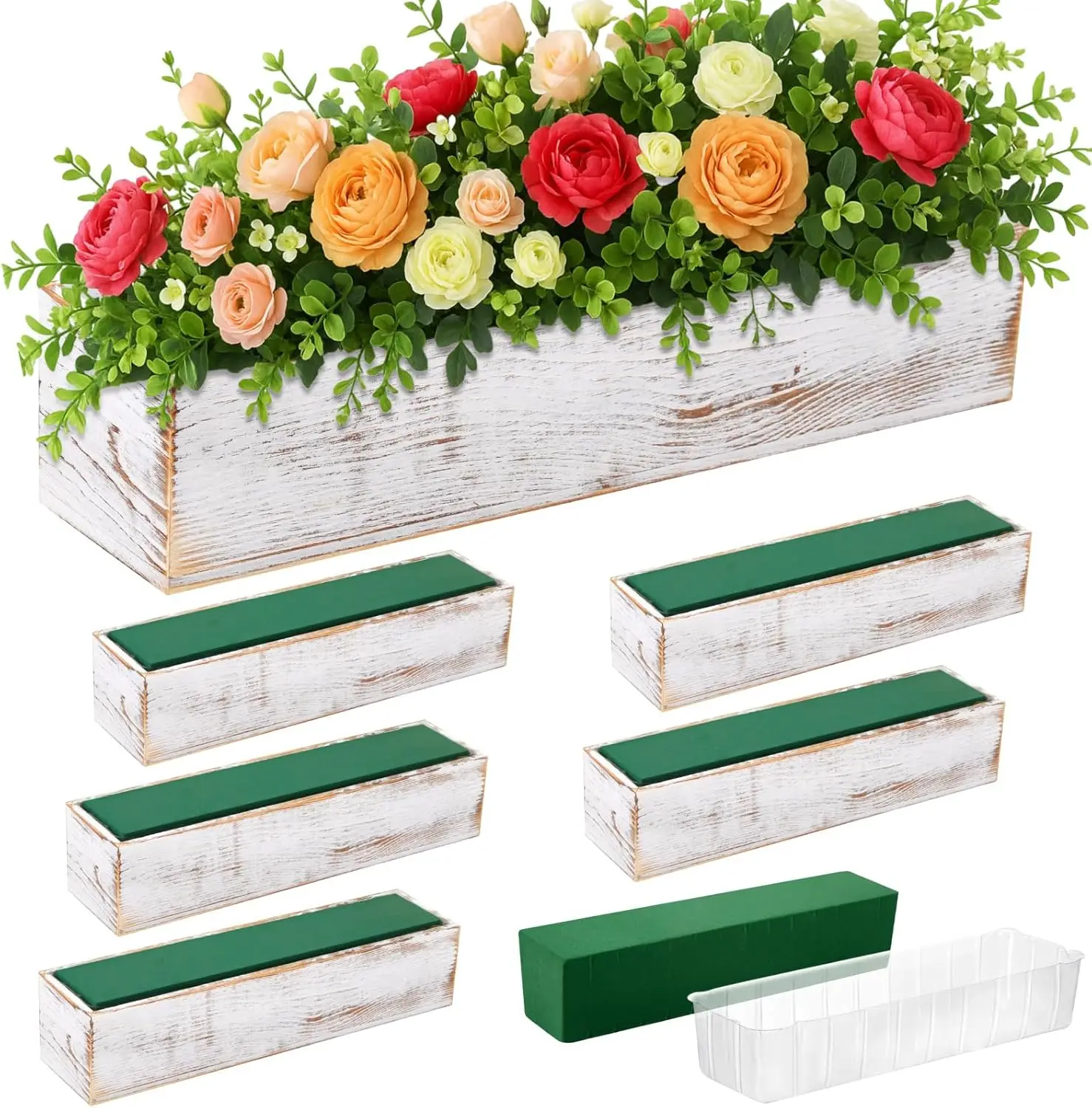 

6-Piece Rustic Wooden Planter Set with Removable Liner, Floral Foam Blocks for Christmas Wedding Home Garden Decor