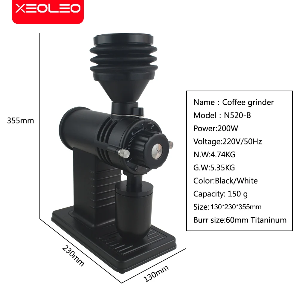 XEOLEO-molinillo de café eléctrico, molinillo de rebabas de Titaninum de 60mm, 200W, molino de grano de café, tolva de soplado, máquina de fresado de café de 10 pasos